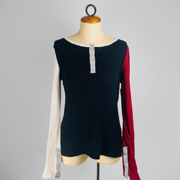 Pete Collection Knit Henley Top Colorblock Long Sleeve - Picture 2 of 5
